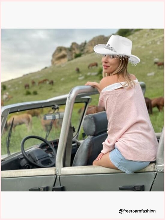 Rhinestone Cowboy Hat Wide Brim Bling Fringe for Women